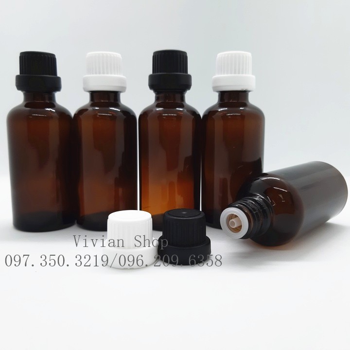 Chai lọ đựng tinh dầu 50ml nhỏ giọt, thân thuỷ tinh nâu, nắp nhựa PP đen/ trắng