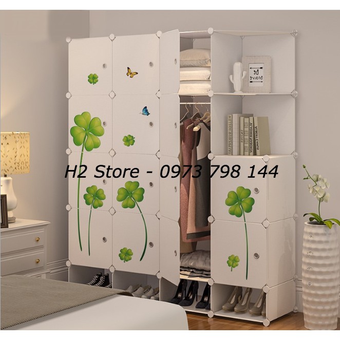 TỦ NHỰA LẮP GHÉP 16 Ô + 4 GIÀY (GỒM 2 KỆ GÓC) CỬA CỎ 4 LÁ ĐỂ ĐỒ ĐA NĂNG THÔNG MINH sâu 47cm