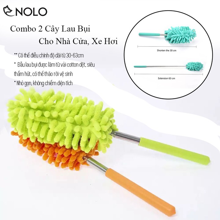 Combo 2 Cây Lau Bụi Lông Xù Cotton Dệt Siêu Thắm Xếp Gọn Kéo Dài 63cm Dùng Cho Lau Dọn Nhà Cửa Xe Hơi