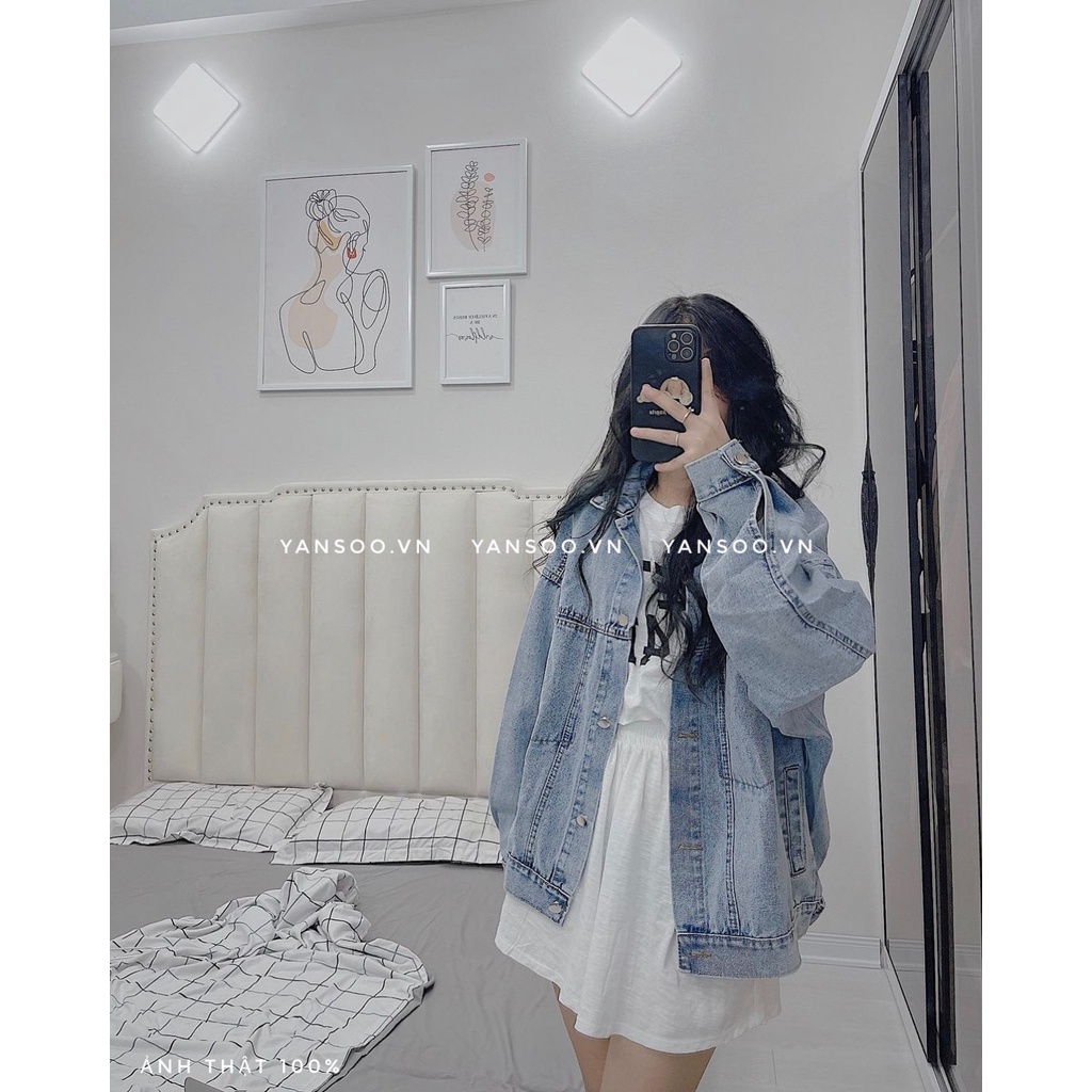 Áo khoác jean nữ from rộng túi trước , áo khoác bò denim xanh nhạt tay dài Quảng Châu chất dày dặn đẹp YANSOO