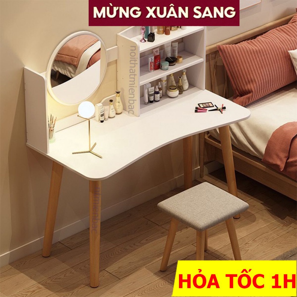 Bộ bàn ghế trang điểm cao FUNA có đen LED cảm ứng, có kệ để đồ tiện lợi, chân gỗ tự nhiên tiện tròn 5cm dài 73cm - AK01