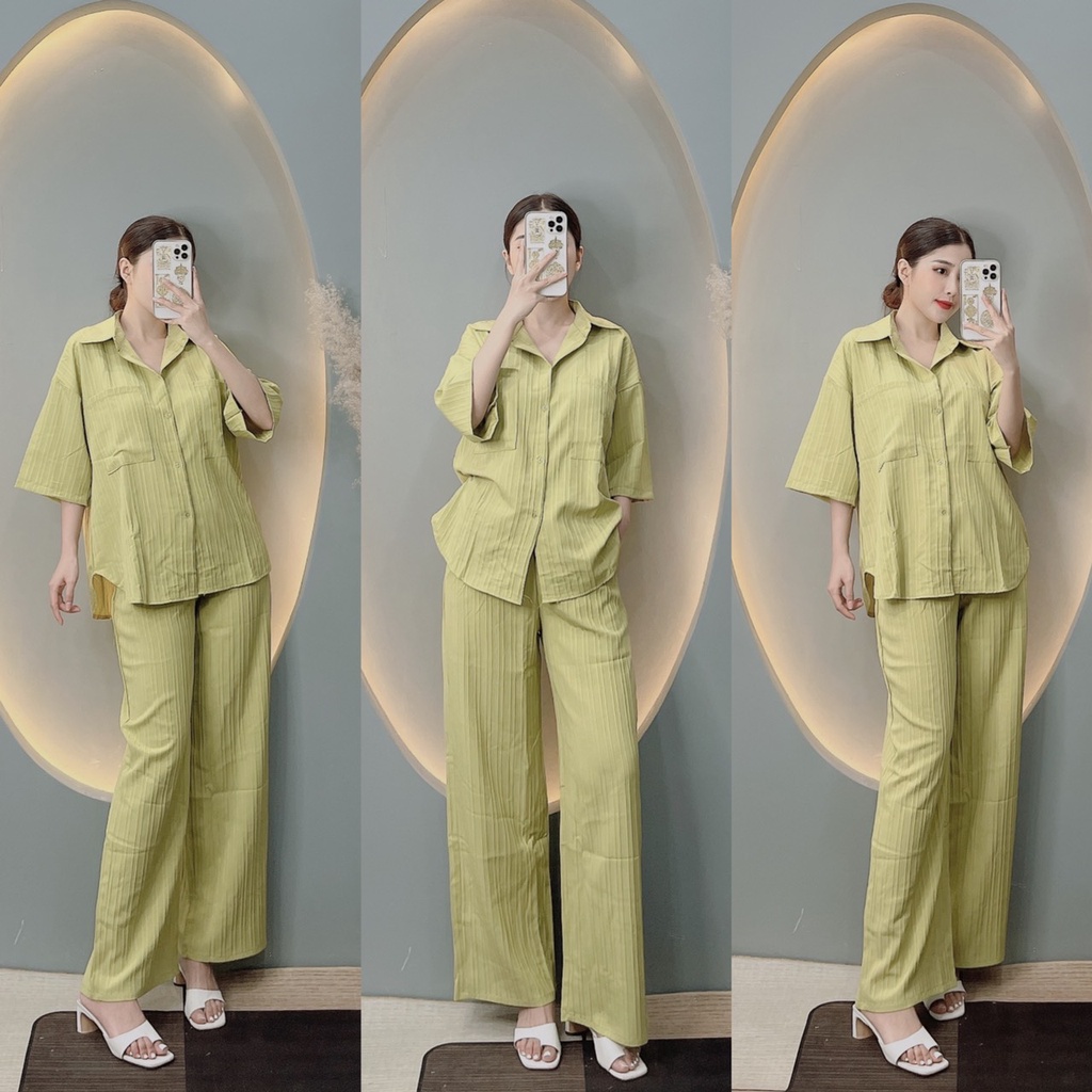 Set bộ nữ áo cổ sơ mi tay ngắn mix quần dài cạp cao ống rộng chất xốp đũi  thời trangI Trần Hân Shop 4012385