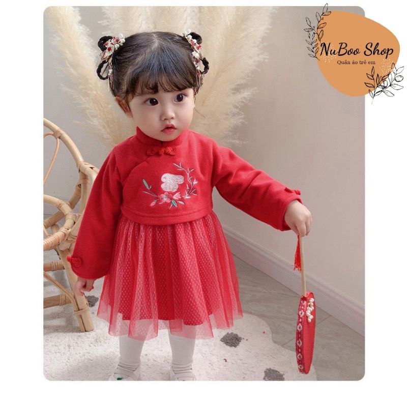 [Xả hàng] Áo dài cách tân mặc Tết cho bé gái, váy đỏ nỉ bông mặc Tết đám cưới sinh nhật cho bé, váy sườn xám