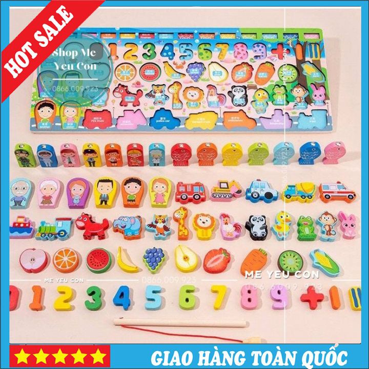 Đồ Chơi Gỗ 6 in 1 Chủ Đề Gia Đình, Các Con Vật, Hoa Quả, Học Số Đếm, Câu Cá, Đồ chơi giáo dục, Đồ chơi cho bé HOT