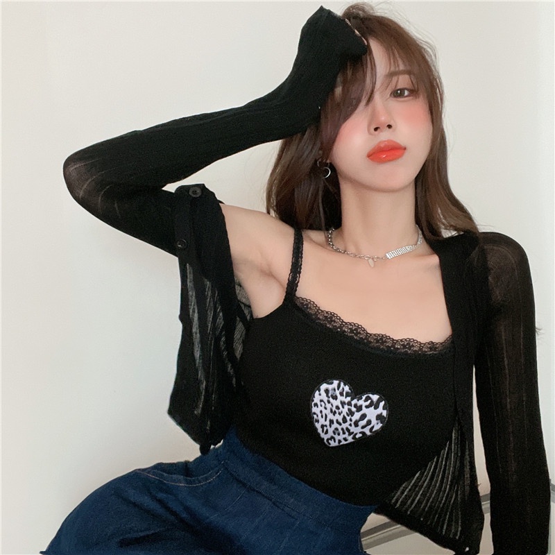 Áo hai dây ZHELIHANGFEI dệt kim thêu họa tiết trái tim quyến rũ cho nữ