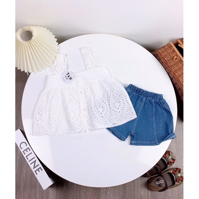 Set hai dây hè bé gái, áo hai dây bé gái kèm quần bò sang chảnh, set bộ hè bé gái 10-20kg
