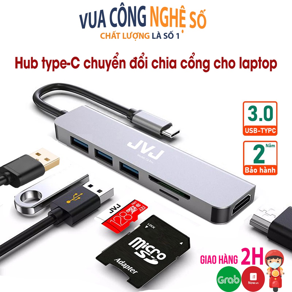 Hub type C chuyển đổi laptop C6 JVJ 6 trong 1, chia cổng USB 3.0 tốc độ 500Mb/s SD, TF, 4K,HDMI, vỏ kim loại