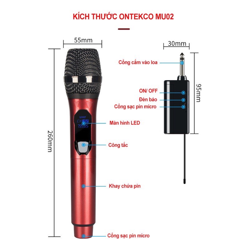 Bộ 02 Micro Không dây Chính hãng ONTEKCO MU02/ MU03 pin sạc cao cấp - Chuyên dụng hát Karaoke Loa kéo, Amply