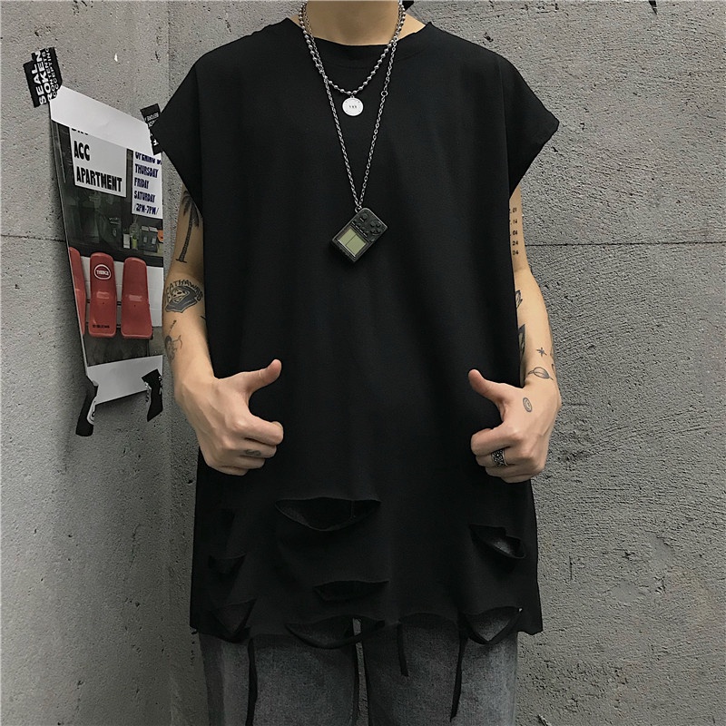 Áo Thun Sát Nách Dáng Rộng Phối Rách Kiểu Retro Hàn Quốc Thời Trang Mùa Hè Cho Cặp Đôi