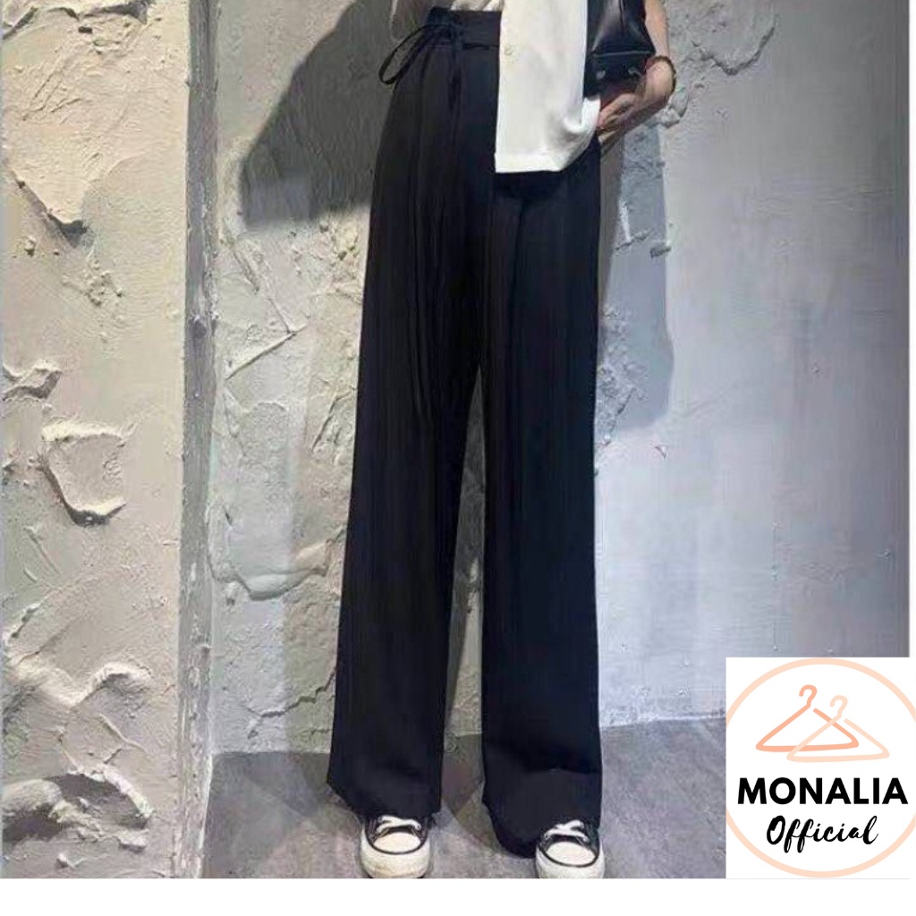QUẦN ỐNG RỘNG MONALIA LƯNG CẠP CAO ỐNG SUÔNG VẢI NỮ DÀI CULOTTES XUÔNG MÀU ĐEN XÁM NÂU
