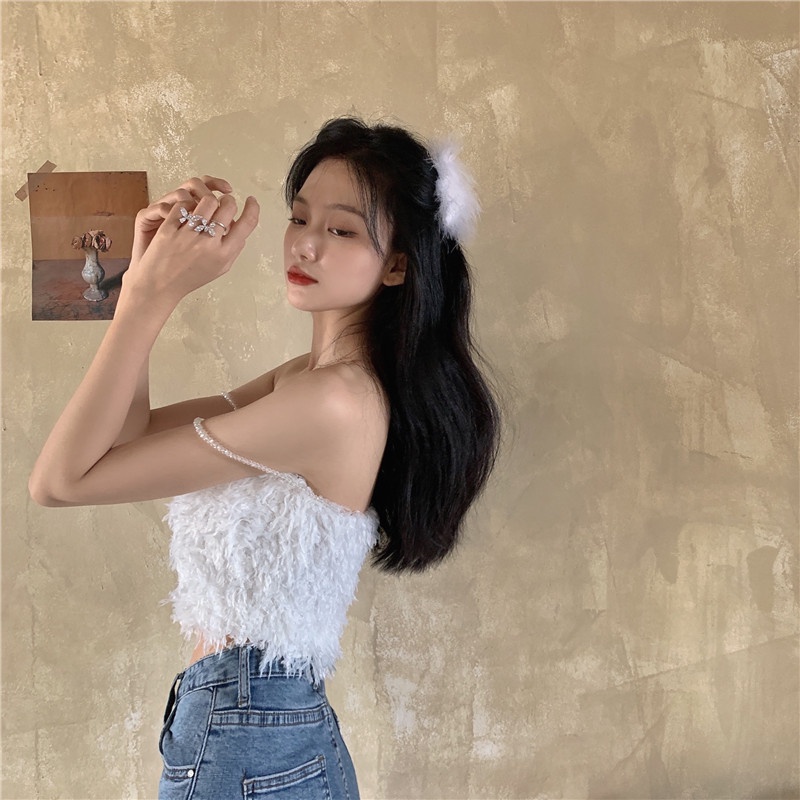 Cocory vn Áo Croptop Hai Dây Đính Ngọc Trai Lung Linh Thời Trang Dành Cho Nữ