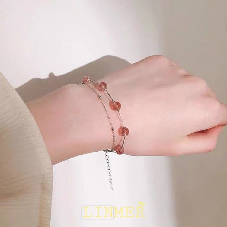 Lắc Tay Thiết Kế Hai Dây Bạc 925 Kết Hợp Đá Phong Thủy Dâu Tây