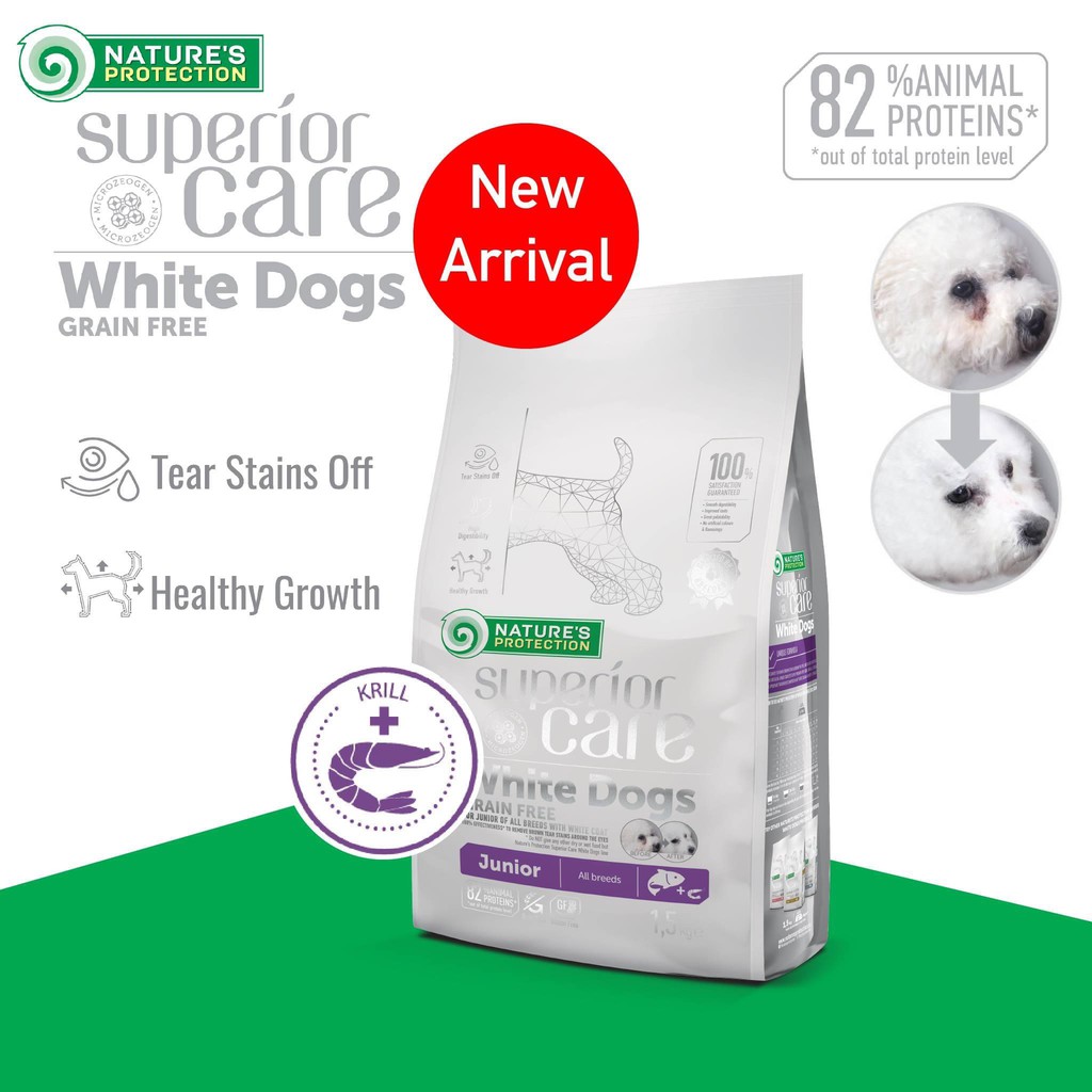 Thức ăn cho chó con lông trắng NATURE’S PROTECTION SC White Dogs GRAIN FREE JUNIOR, Gói 1.5kg Không ngũ cốc vị cá hồi