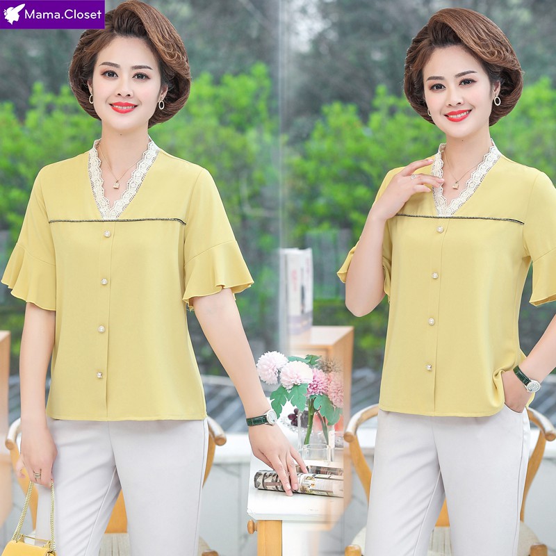 #X825 ÁO VOAN HỌA LỤA TRƠN CỔ PHỐI REN, ỐNG TAY CÁCH ĐIỆU. ÁO VOAN SANG TRỌNG CHO NGƯỜI TRUNG NIÊN MỚI NHẤT 2021