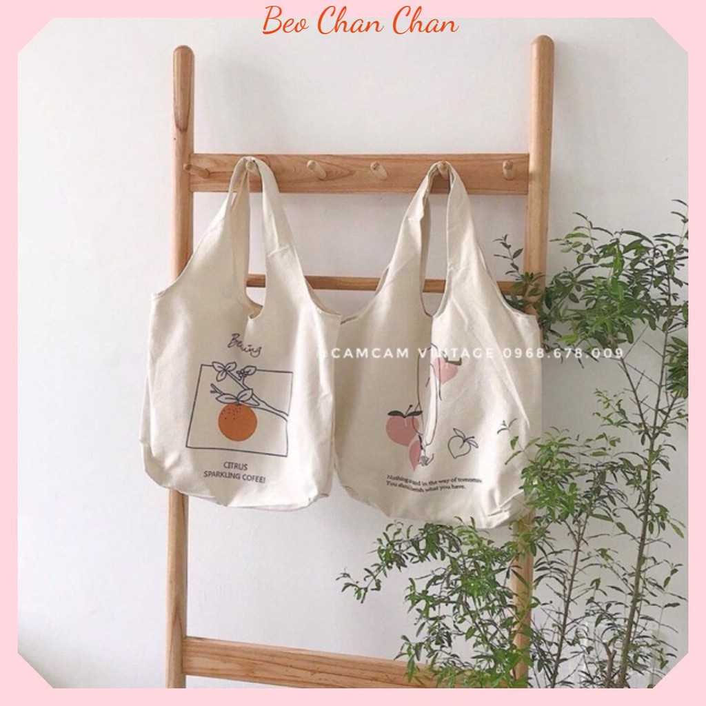TÚI TOTE VẢI TÚI TOTE TRẮNG NGÀ VINTAGE ĐƯO VAI QUAI BỊ TAY NẢI SIÊU HOT HOA QUẢ