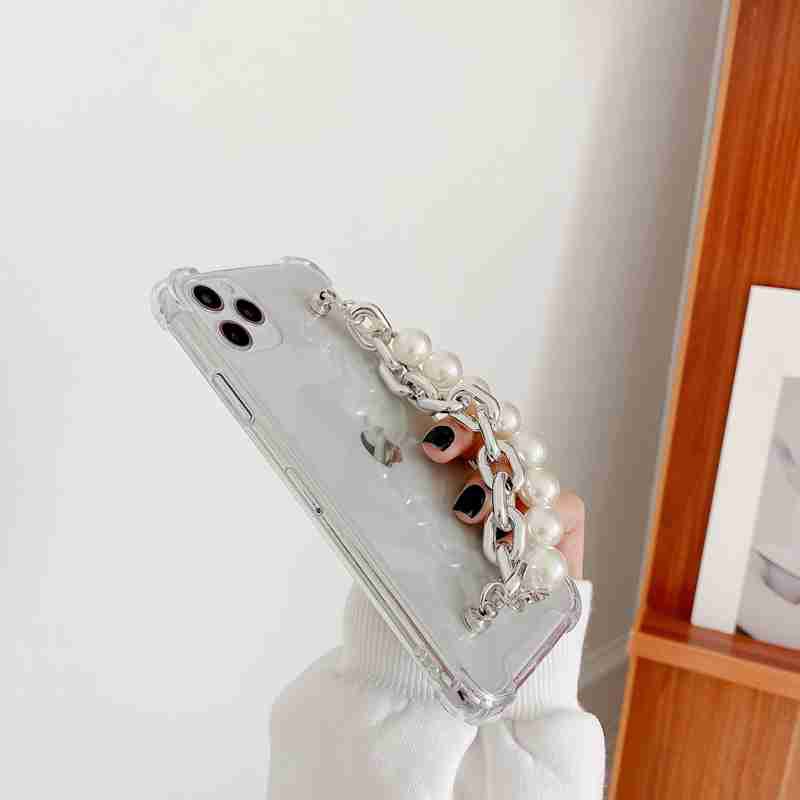 Wrist Chain Case iPhone 12 11 Pro Max 7 8 Plus X XS Max 6 6S PLUS Transparent Glitter Case Cute Silver Pearl Chain Hanging Soft Phone Case