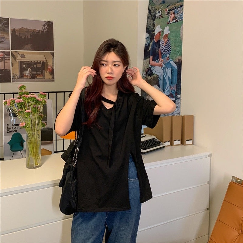 Áo Thun Tay Ngắn Màu Trơn Xẻ Tà Dễ Phối Đồ Thời Trang Mùa Hè Cho Nữ