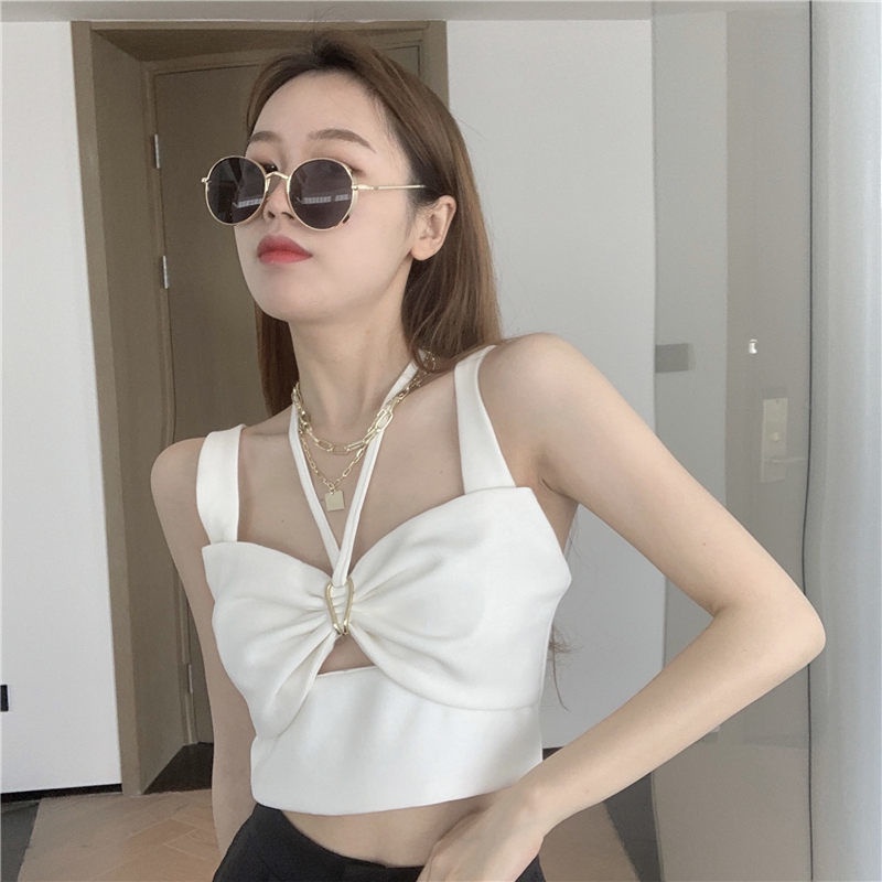 Jiashucheng Áo Sát Nách Ngắn Cổ Yếm Khoét Rỗng Cảm Giác Thiết Kế Ngọt Ngào Thời Trang Mùa Hè