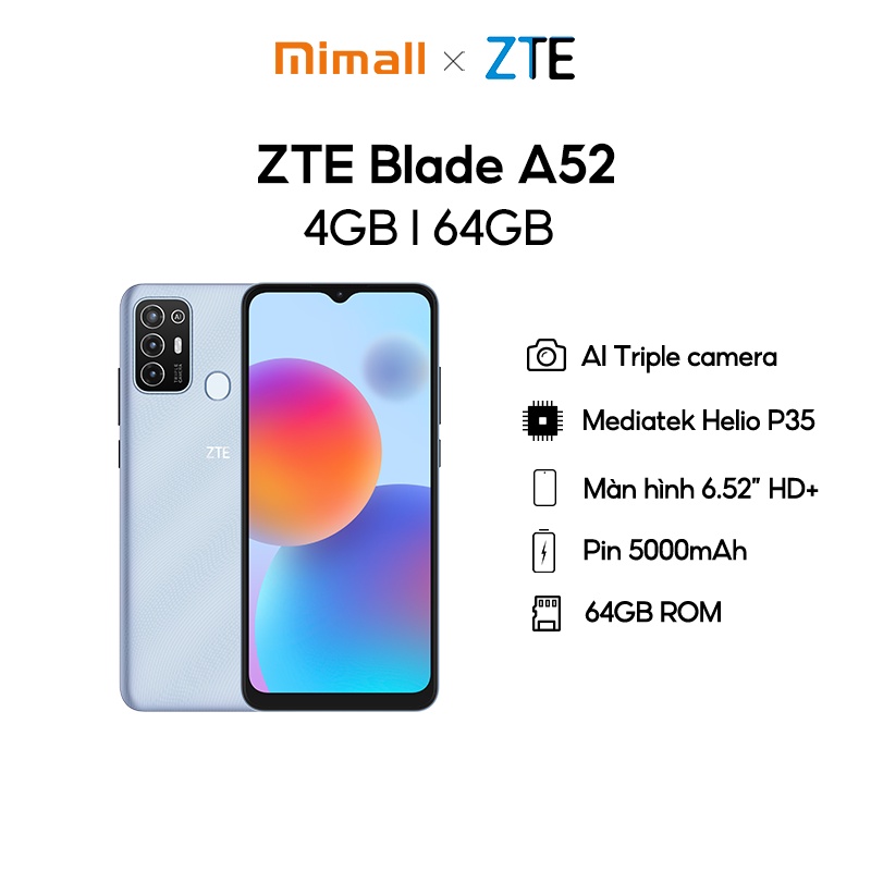 [Nhập MIMA200 giảm 200k] Điện thoại ZTE Blade A52 4GB l 64GB, Pin 5000mAh, Màn hình 6.52&quot;, Camera AI Triple - Chính hãng