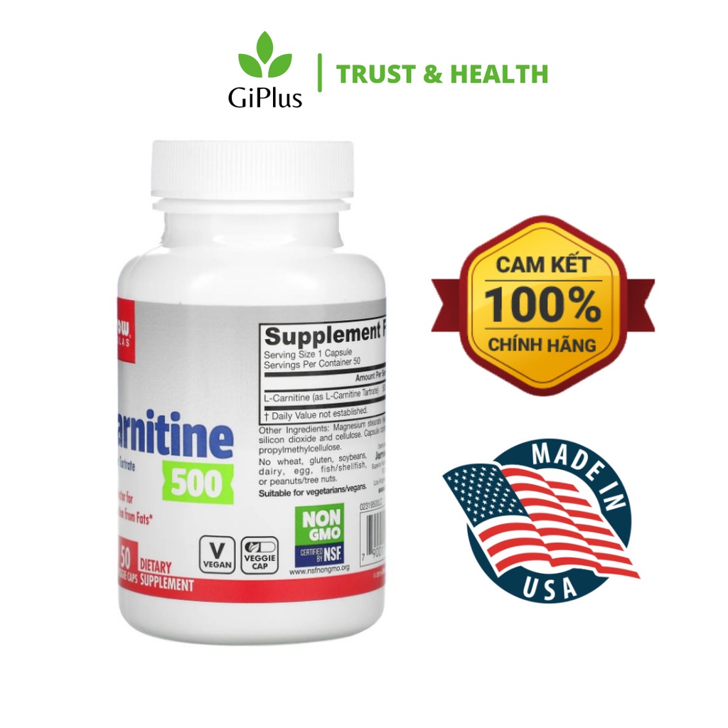 (Date 01/2024) Viên Uống Hỗ Trợ Giảm Cân, Tan Mỡ, Chuyển Hóa Mỡ Jarrow Formulas L-Carnitine 500mg (50 Viên/Lọ)
