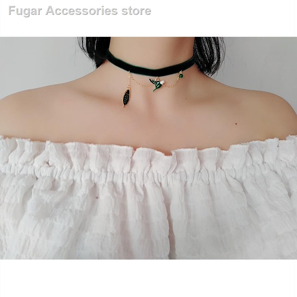 Vòng cổ choker vải nhung hình chim nhỏ màu xanh lá đậm phong cách Nhật Hàn cho nữ