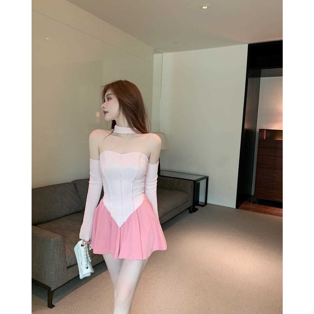 Set Áo Thun Tay Dài Trễ Vai + Chân Váy Ngắn Ôm Dáng Thời Trang Cho Nữ