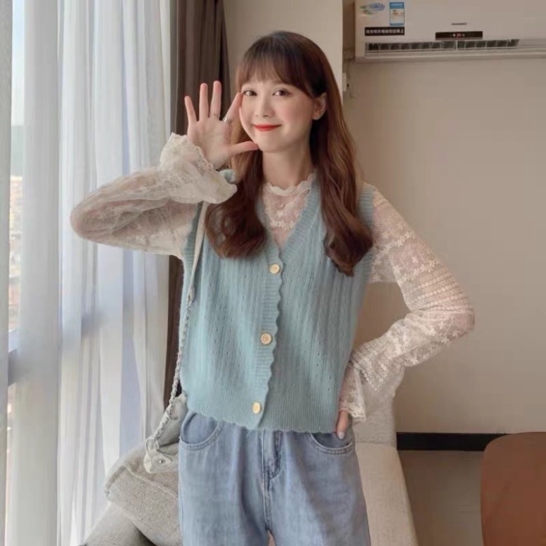 Áo len gile phối bèo lông thỏ viền lượn sóng mix cúc basic tiểu thư điệu đà ONE UNISEX | BigBuy360 - bigbuy360.vn