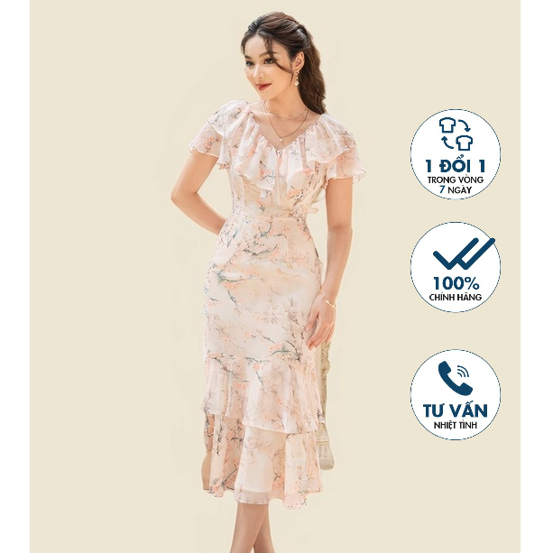 Đầm ôm xếp tầng Emspo Milestone, cổ V viền bèo DS4111