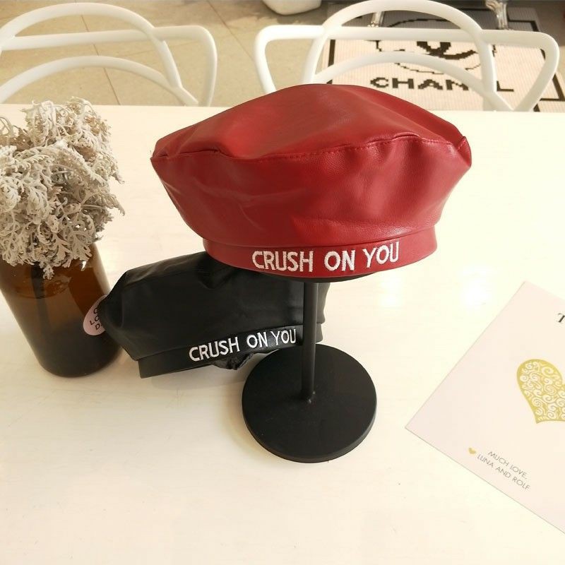 Mũ Beret Da PU In Chữ Thời Trang Cá tính/MŨ NỒI BERET DA CRUSH ON YOU