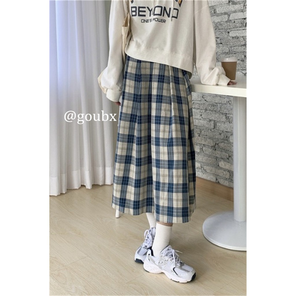 Chân váy midi xòe dài xếp ly kẻ sọc caro vintage mùa thu