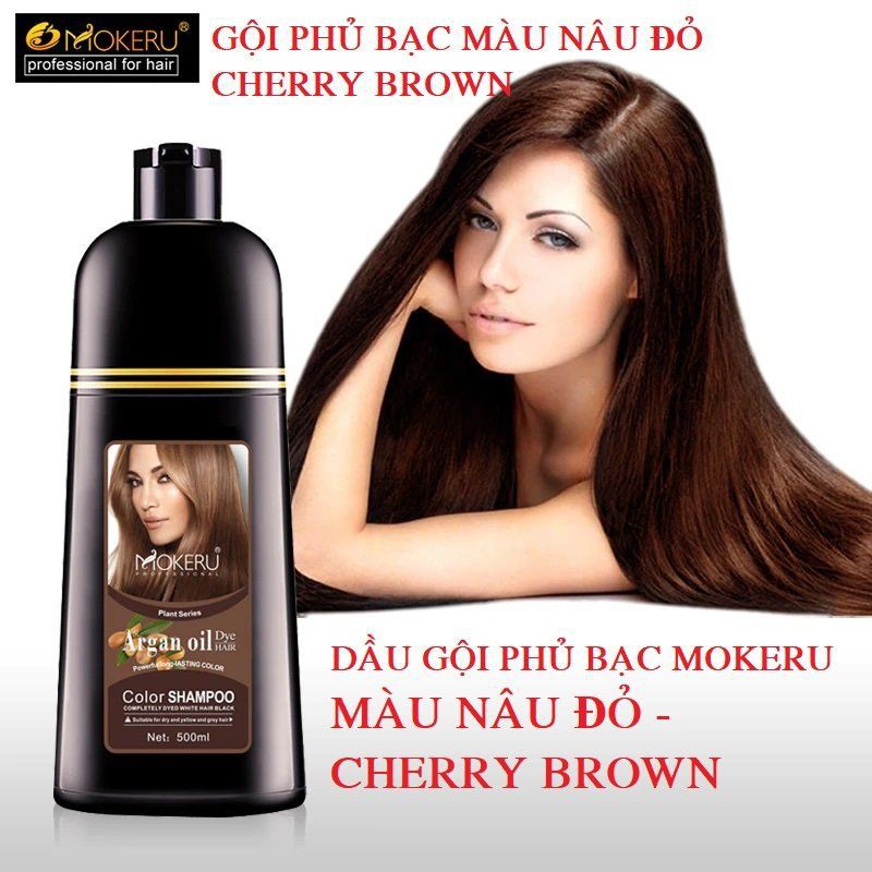 Dầu Gội Thảo Dược Phủ Bạc Màu Nâu Đỏ Cherry Brown MOKERU 500ML