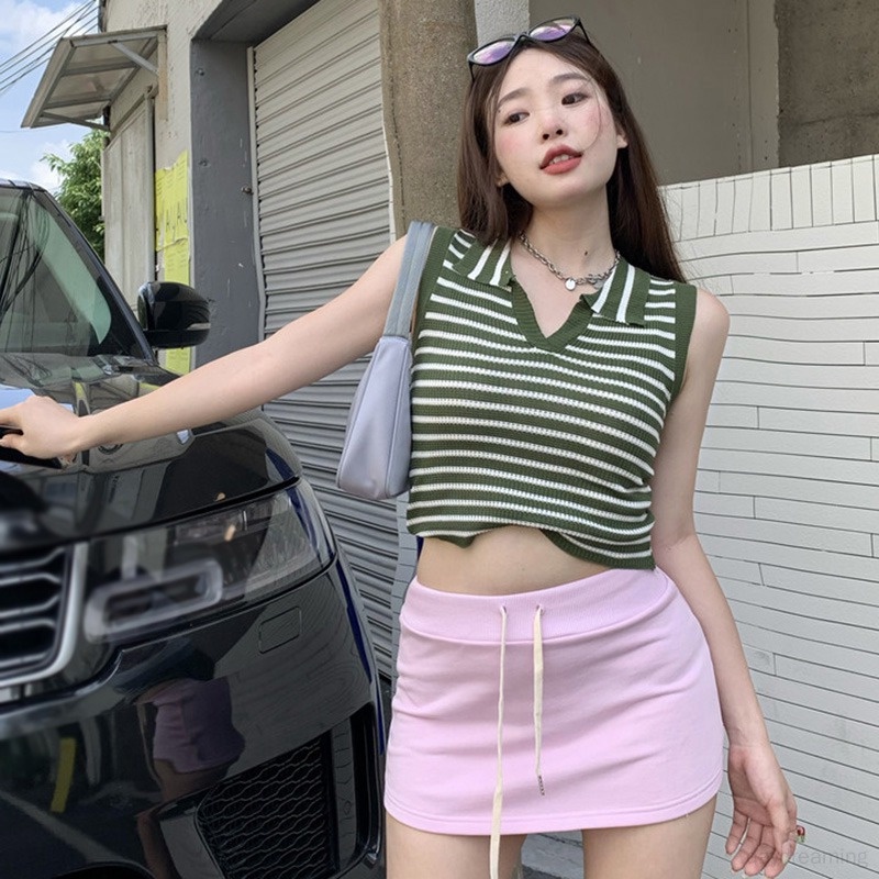 Áo Croptop Dệt Kim Sát Nách Cổ Bẻ Thời Trang Cho Nữ