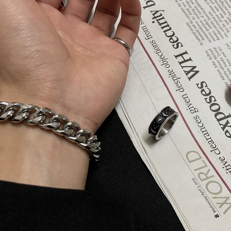 Nhẫn Nam Ngôi sao Mặt trăng Mặt trời Cổ điển Thiểu số Ba chiều Bạc Thái Thiết kế ban đầu Làm bằng tay NH-153