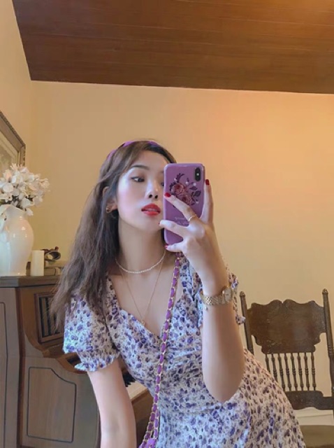 (Sẵn) Váy đầm maxi hoa tím xẻ tà dáng dài tay ngắn phồng | BigBuy360 - bigbuy360.vn