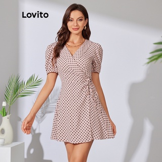 113xj đầm lovito chữ a mịn cổ chữ v dáng ôm in chấm bi thanh lịch l29ed059