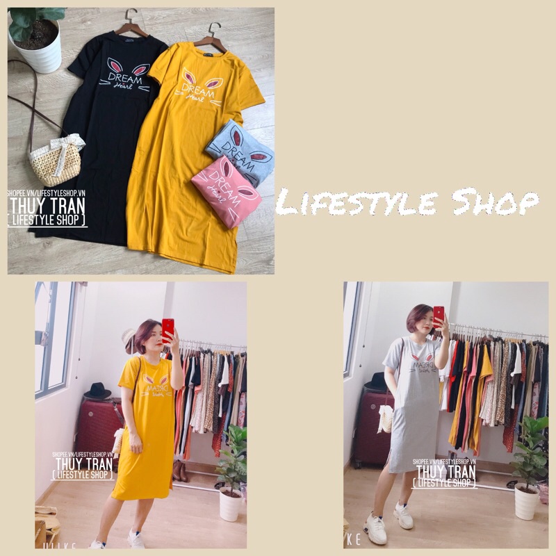 🍂Váy thun suông cổ tròn cộc tay in hình tai thỏ phom dài rộng