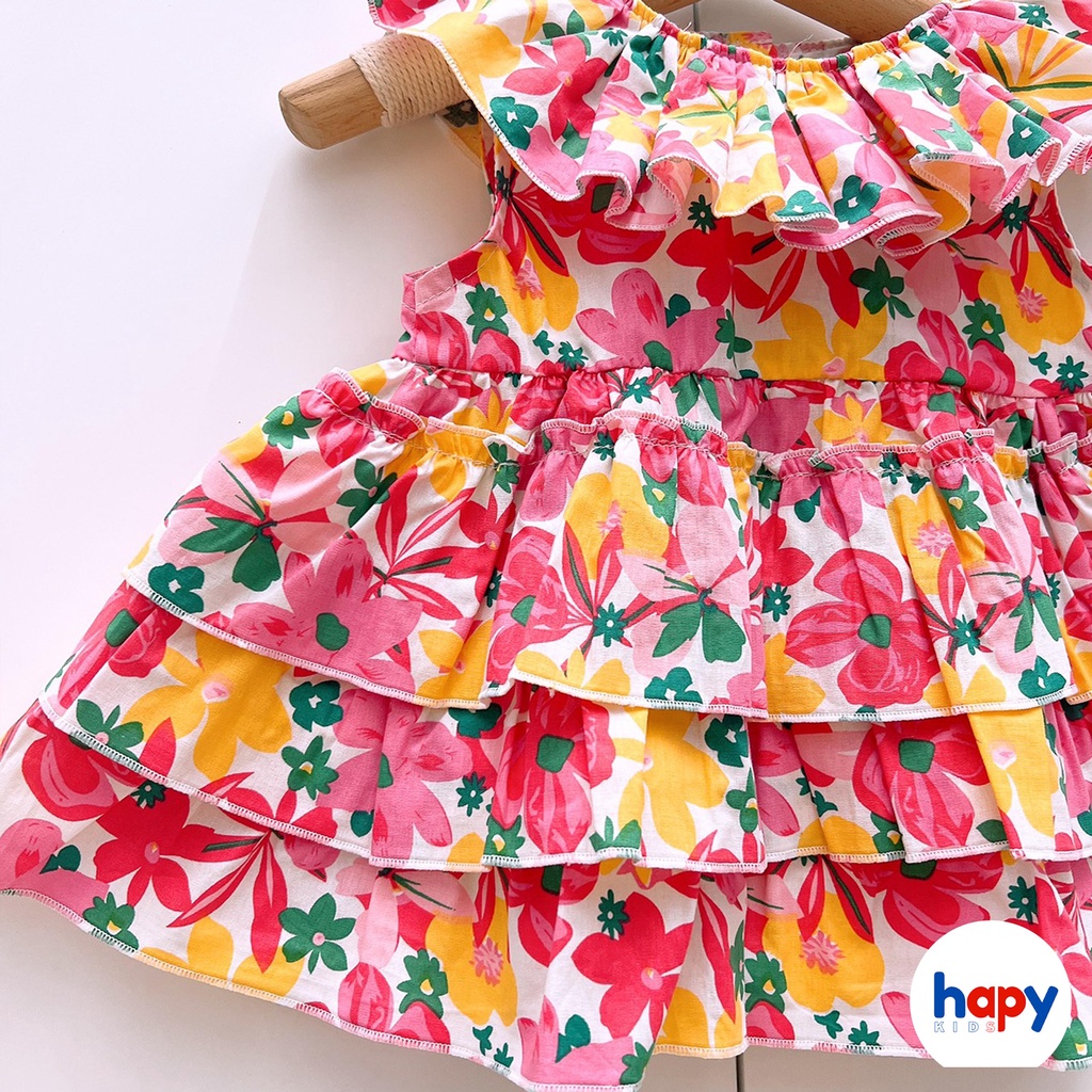 Váy cho bé gái cổ bèo xếp ly 3 tầng HAPYKIDS, chất thô hoa bé từ 0-5 tuổi [V22.17]