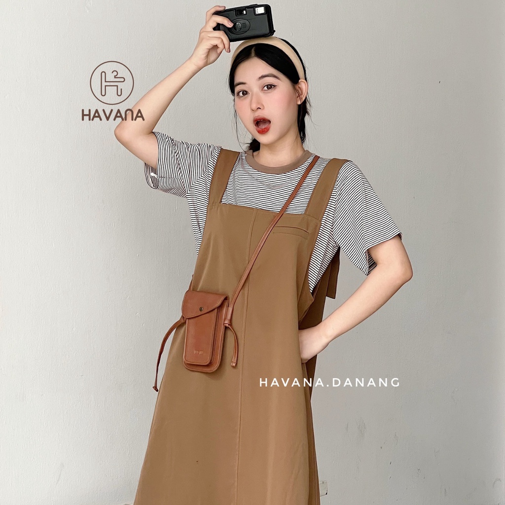 Set váy yếm kaki nữ kèm áo thun, yếm dài kèm áo thun kẻ sọc freesize hai màu AE196