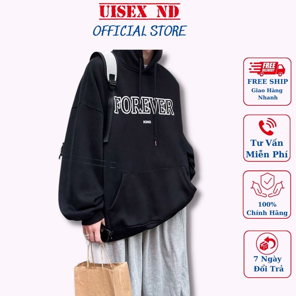 Áo nỉ có mũ in chữ Forever 3 màu xám, trắng đen, đủ size, chất dày dặn ấm áp, form rộng tay dài