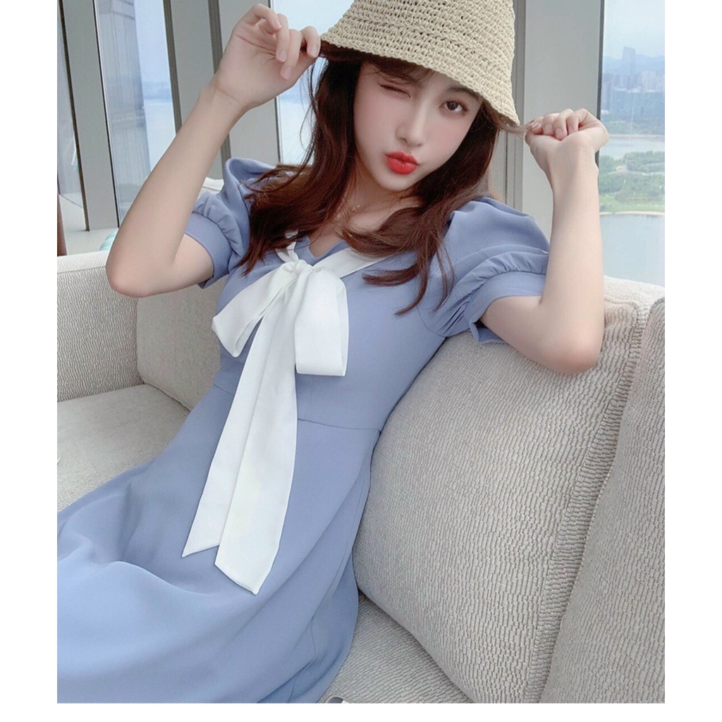 đầm lụa kiểu cổ vuông cột nơ tay ngắn bo