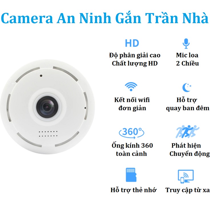 Camera Chống Chộm, Tặng Củ Nguồn Loại Gắn Trần Nhà, Kết Nối Wifi, Xem Từ Xa, Giám Sát Toàn Cảnh 360, Độ Phân Giải HD