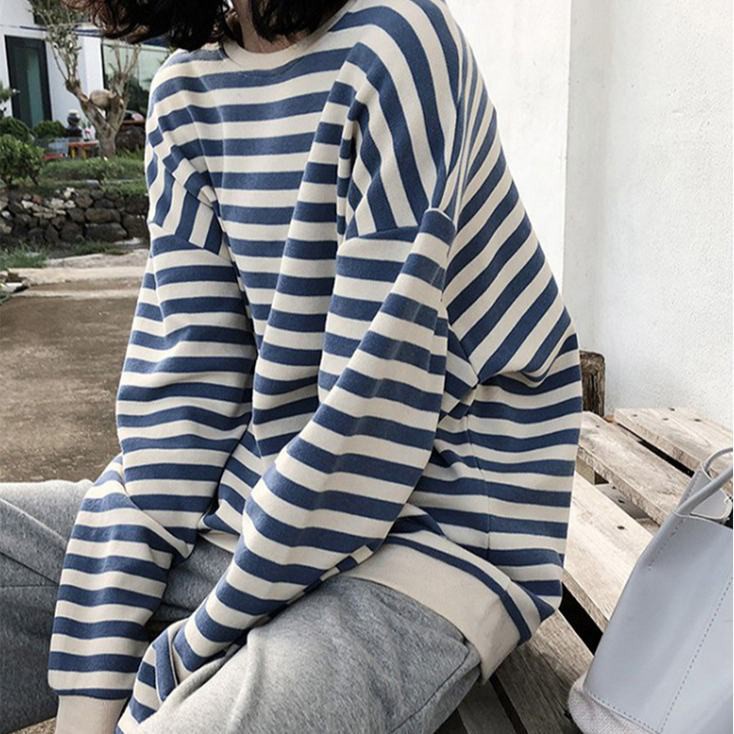 Áo Sweater Mỏng Dáng Rộng Kẻ Sọc Kiểu Hàn Quốc Thời Trang Cho Nữ