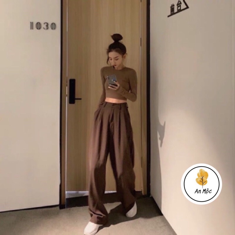 Quần suông ống rộng from dai 100cm màu nâu tây tối độc lạ cá tính cho nữ
