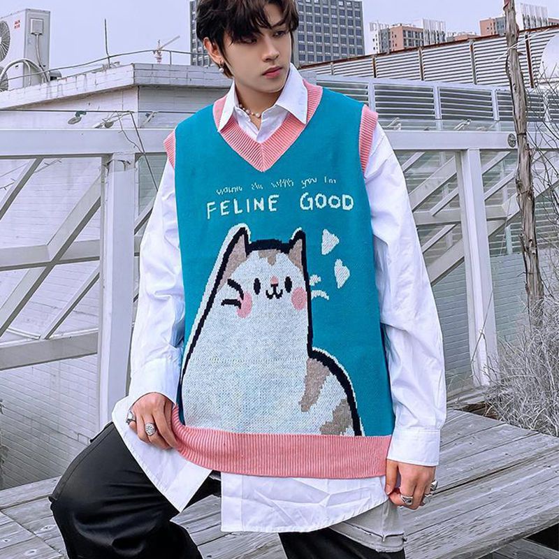 Áo Dệt Kim Sát Nách Dáng Rộng Kiểu Hoạt Hình Mèo Đáng Yêu Cho Cặp Đôi