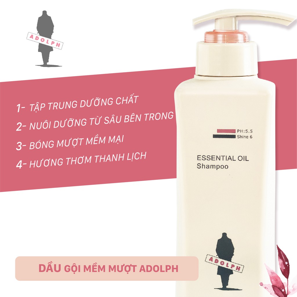 Dầu gội mềm mượt phục hồi tóc hư tổn Adolph Smooth Shampoo chất dầu tinh mịn 300ml