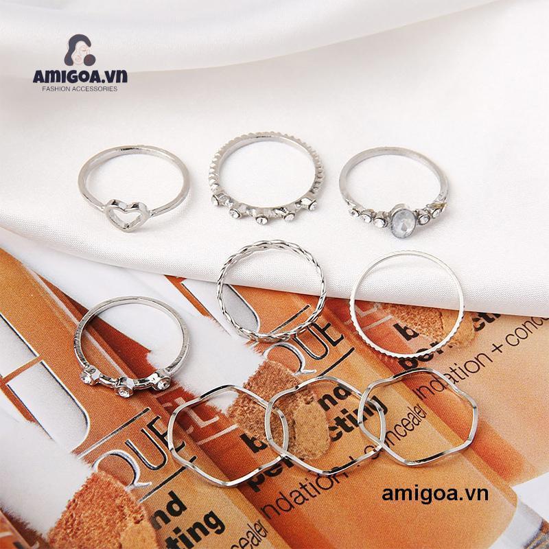 ✨✨Set 9 Nhẫn Đeo Ngón Tay Nhiều Màu Hình Trái Tim Phong Cách Hàn Quốc Cho Nữ