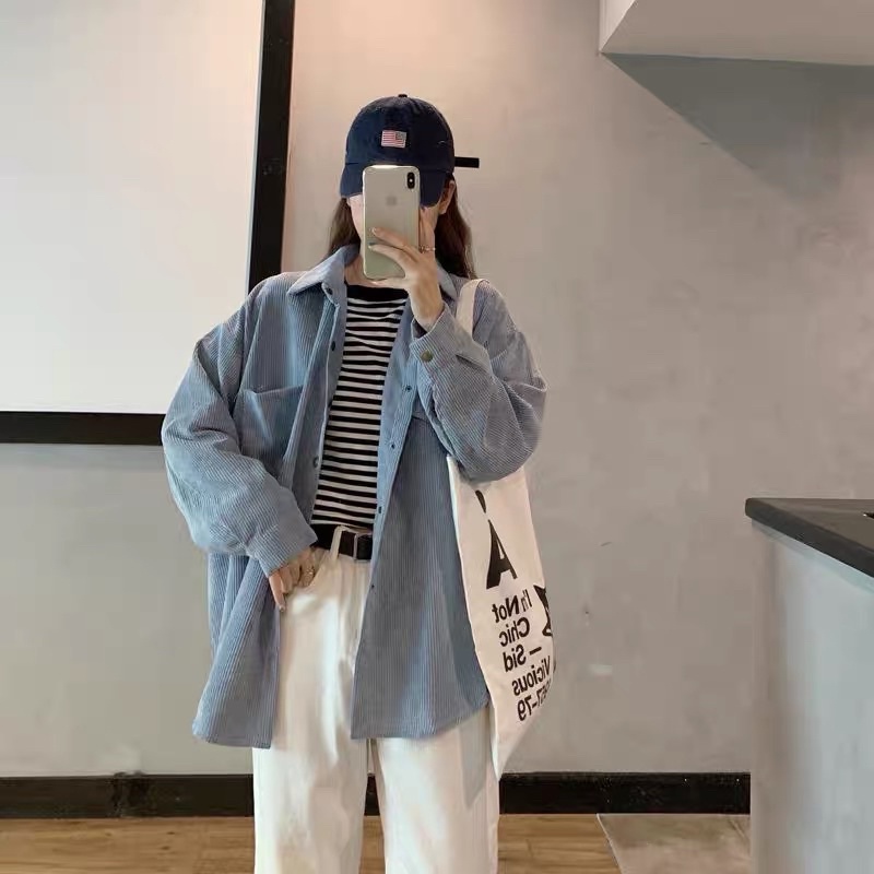 Áo khoác dáng sơmi có cổ nút cài kaki nhung gân có túi unisex ulzzang nam nữ