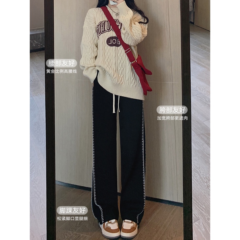 Quần dài ZHELIHANGFEI ống rộng lưng cao phối nơ phong cách Hàn Quốc