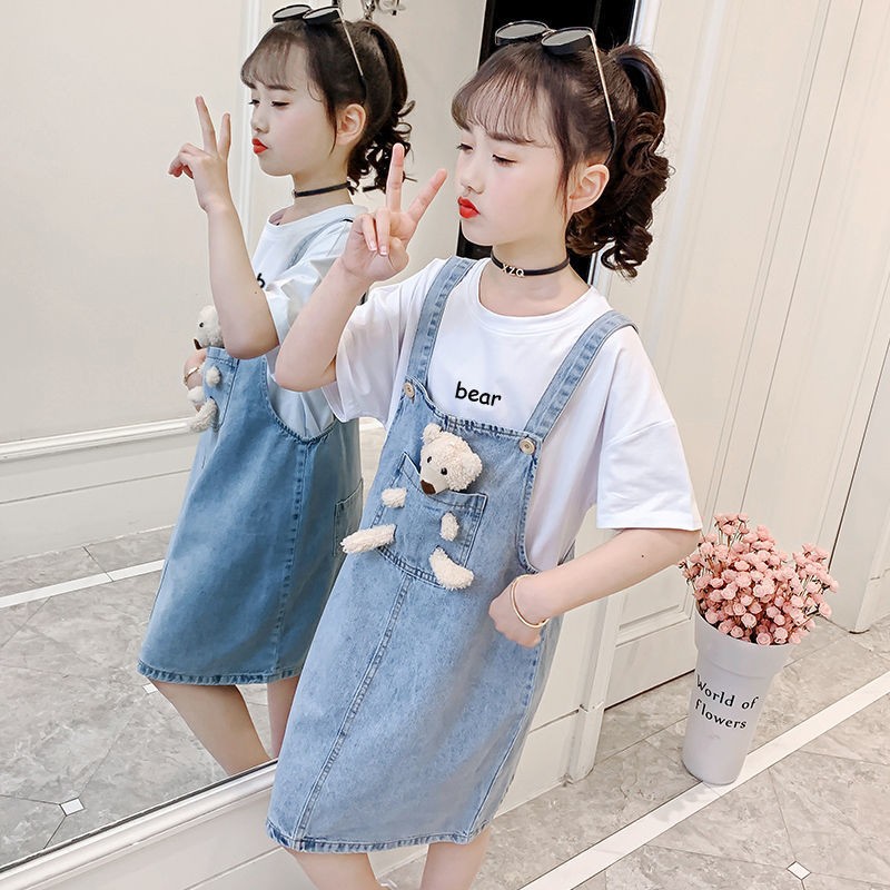 Set Áo Thun Ngắn Tay + Đầm Yếm denim Thời Trang Hàn Quốc Cho Bé Gái