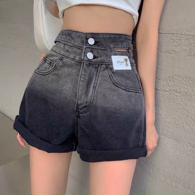 Quần đùi jeans lưng cao  cut eo loang màu - T0J